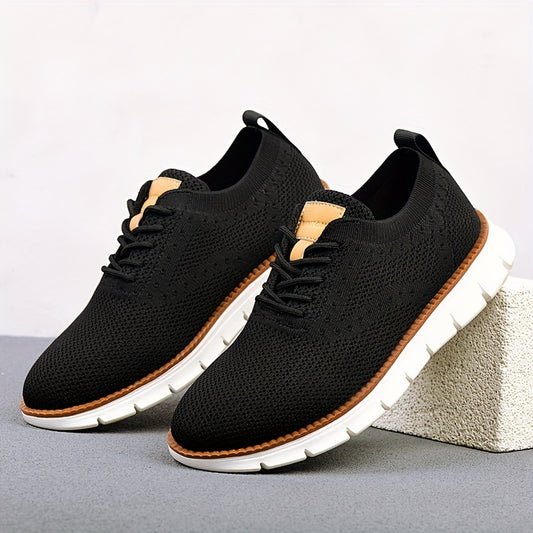 Men's Breathable Knit Business Casual Shoes - Beige with Brown Accents, Lace-Up, EVA Sole, Round Toe, Versatile for All Seasons, Dressy Shoes