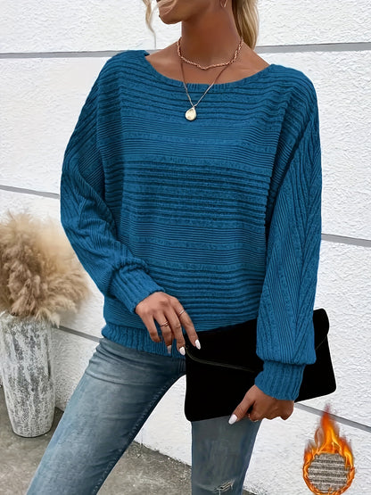 1 հատ Women'S Casual Crew Neck Knit T-shirt - պոլիեսթեր պինդ գույնի երկարաթև վերնաշապիկ գարնան/աշունի համար