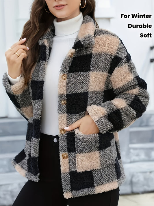Women'S Plaid Jacket - Soft Brown/Black/Beige/White/Gray/ - Button-Front Closure, Structured Fit for Fall/Winter - Everyday & Formal Outfits - Cozy Outerwear for Women, Casual Wear, Classic Turndown Collar, Durable Fabric, Se