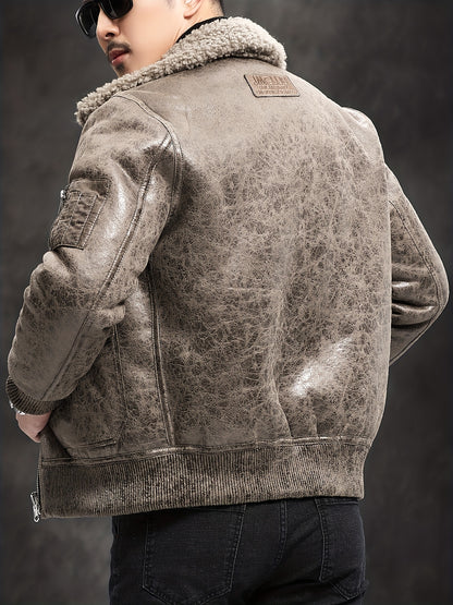 Men'S Faux Fur Lined Biker Jacket, Casual Long Sleeve Applique Air Force Style, Polyester 100% Knit Fabric, Solid Color Lapel Collar, Zipper Closure, Regular Fit for Daily & Golf Occasions - Fall/Winter Collection