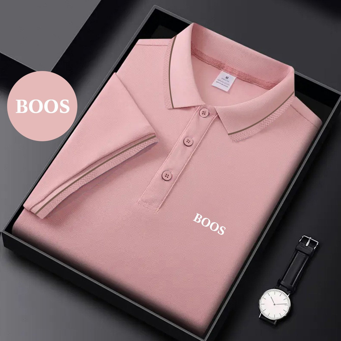 BOOS letter print, 1 premium Men's shirt, polyester fabric, regular fit, turn- collar top, summer short sleeve T-shirt, birthday gift, inner or outer wear, outdoor casual, sportswear, business casual, stylish and breathable, - ayq