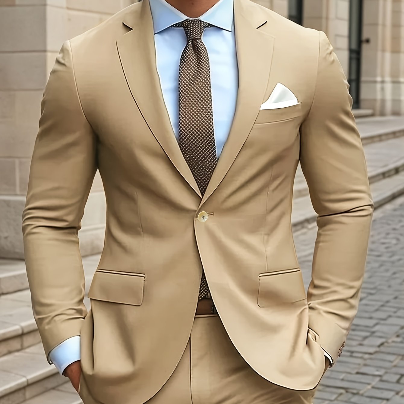 Men's Two-Piece Suit in Solid Color with Sealed Pockets, Regular Fit Suit Trousers, Elegant and Classic, Suitable for Business and Wedding Parties