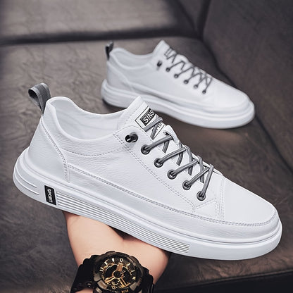 Men's Stylish White Low-Top Sneakers with Feather Design - Slip-Resistant, Lace-Up Casual Shoes for Casual Attire, Walking, Jogging & Travel | Breathable PU Upper, Durable PVC Sole, Comfortable Fabric Lining