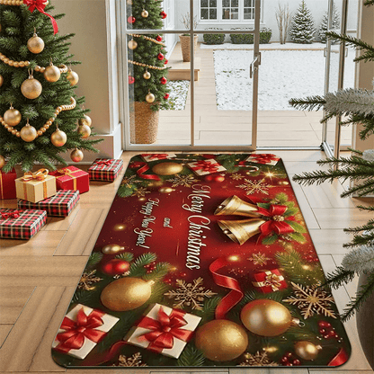 1pc Christmas & New Year Welcome Mat with Merry Christmas & Happy New Year Greeting, Red/Golden/Green Holiday Design, Non-Slip Backing, Heavy-Duty 600g/m² Polyester, Machine Washable Indoor/Outdoor Door Mat with Pine Branche