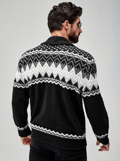 Men's Casual Geometric Pattern Cardigan Sweater - Navy Blue with White and Black Accents, Button-Up Collar, Machine Washable, Polyester for Fall/Winter