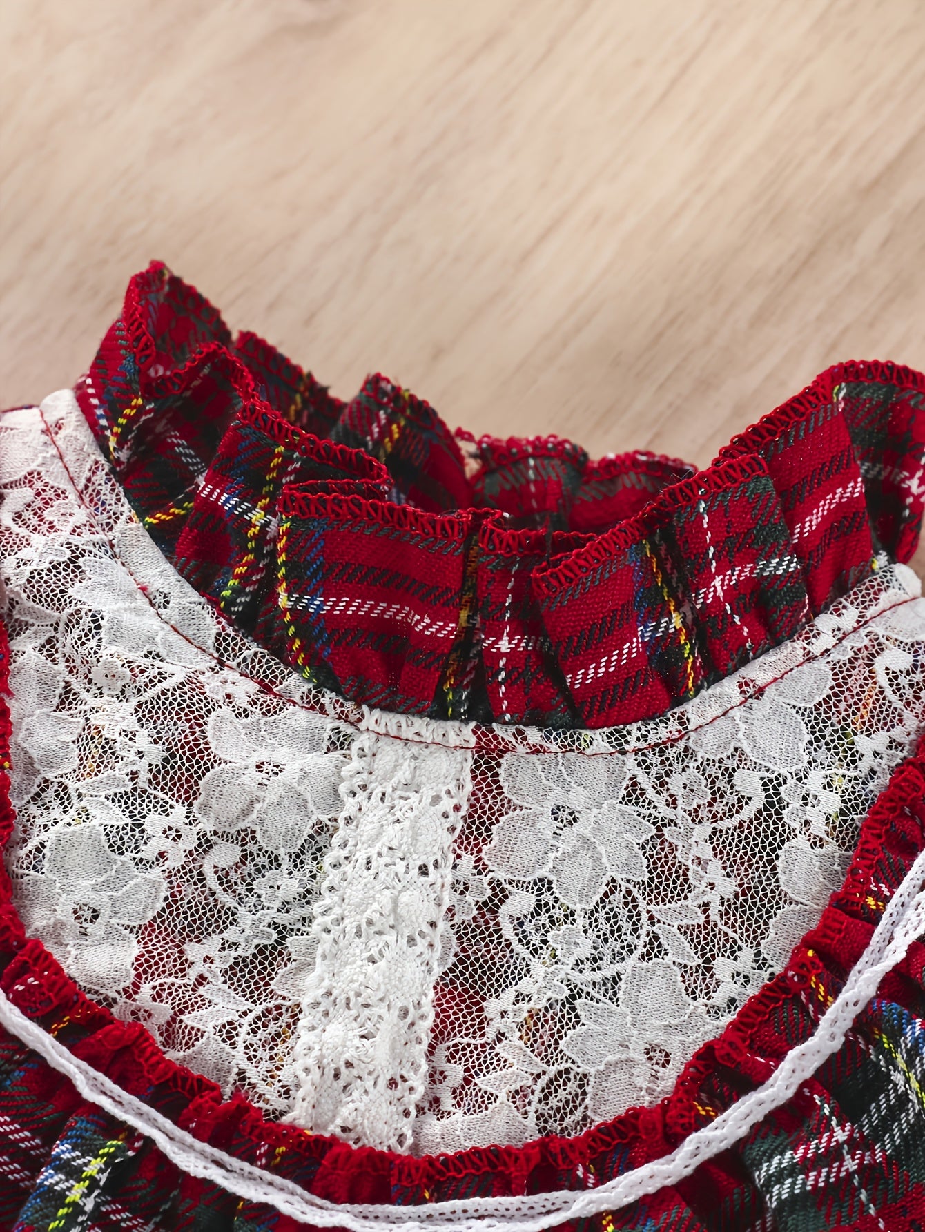 Girls' Plaid Tartan Puffed Sleeve High-Low Neck Ruffled Hem Dress with Ruffled Collar & Lace Trim - Plaid Princess Party Dress with Skirt, Machine Washable Winter Formal & Everyday Outfit for Christmas, New Year's, Easter - S