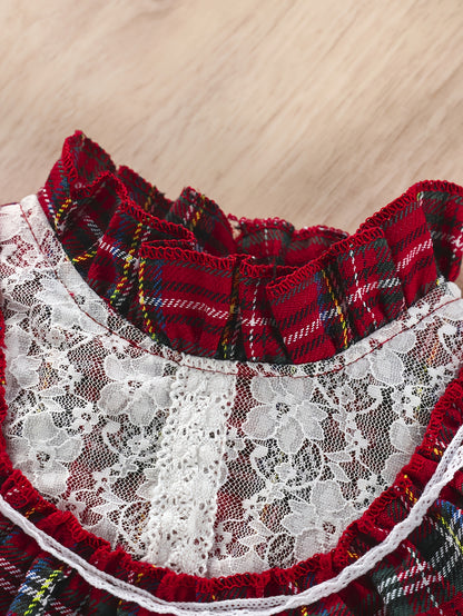 Girls' Plaid Tartan Puffed Sleeve High-Low Neck Ruffled Hem Dress with Ruffled Collar & Lace Trim - Plaid Princess Party Dress with Skirt, Machine Washable Winter Formal & Everyday Outfit for Christmas, New Year's, Easter - S