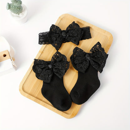 1 Set Baby Lace Bowknot Socks and Hairband, Polyester 95% Spandex 5%, All-Season Knit Fabric, Hand Wash Only, Perfect for Newborn, First Birthday Gift, 27g/m²