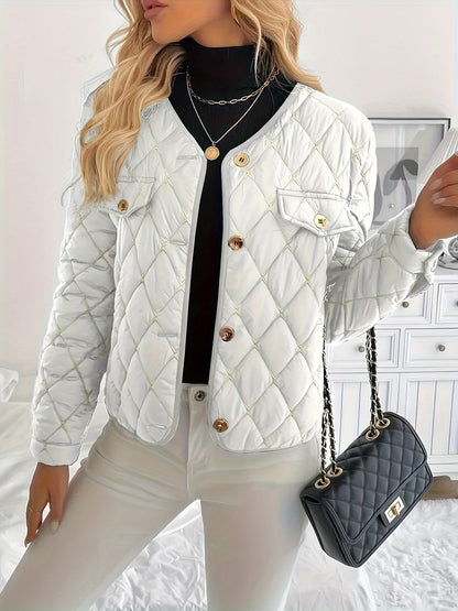 Women'S Quilted Jacket with Golden Buttons - Stylish White Long Sleeve Coat, Casual Fit, Faux Pockets, Perfect for Casual Attire, Casual Wear Jacket | Quilted Jacket | Buttoned Jacket