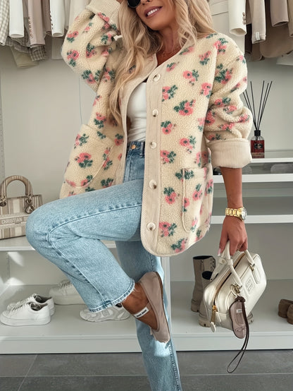 Կանացի ծաղկային նախշերով V-ձև օձիքով, կոճակներով առջևի վերարկու՝ գրպաններով - մեծ չափի H-գծի ուրվագիծ, լվացքի մեքենայով լվացվող ձմեռային բաճկոն՝ վարդագույն և կանաչ գույներով, աշուն/ձմեռ սեզոնի համար նախատեսված առօրյաից մինչև կիսաֆորմալ վերնազգեստ