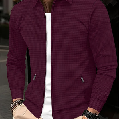 Men'S Lightweight Waffle Knit Long Sleeve Zip-Up Jacket - Breathable Golf & Running Top with Pockets, Casual Sporty Design for Outdoor Activities, Spring/Fall, Golf Jacket, Active Lifestyle Apparel, Classic Collar Style, Dura