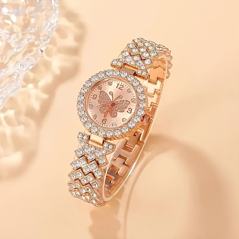 2pcs Elegant Butterfly Quartz Watch & Ladies Jewelry Set - Perfect Gift, Eternal Style and Exquisite Design, Zinc Alloy Strap and Zinc Alloy Case, Quartz Movement, Accurate, Durable, Fashionable Women's Gift, Especially Suita