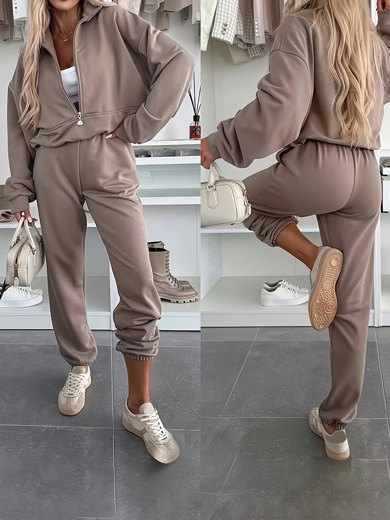 Elegant Women's Autumn Casual Zipper Hoodie & Drawstring Pants Set