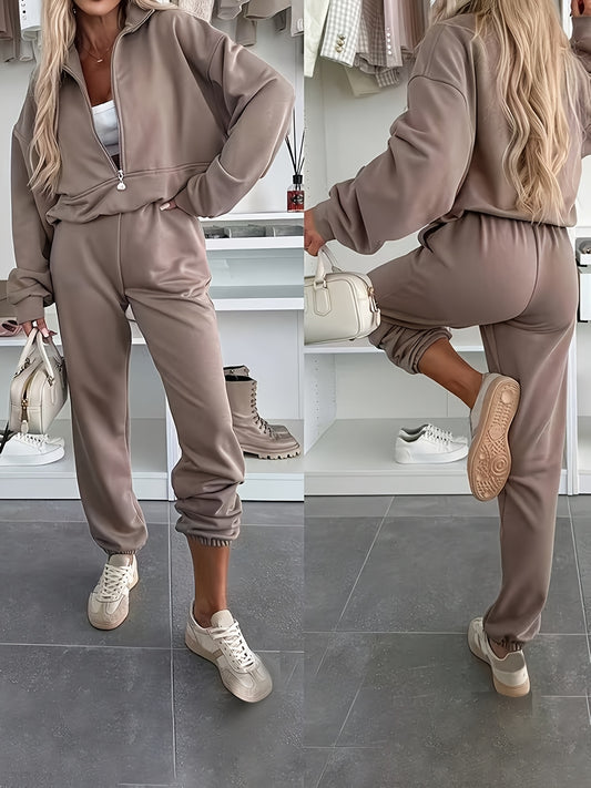 Elegant Women's Autumn Casual Zipper Hoodie & Drawstring Pants Set