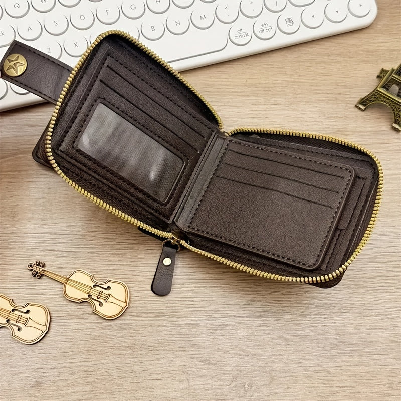 Personalized Retro Men's Zipper Wallet with Golden-Tone Chain & Custom Initials - Faux Leather Business Wallet with Multiple Compartments, Coin Pocket & Secure Closure - Ideal Gift for Men (Black/Brown) - Hand Washable & Dura