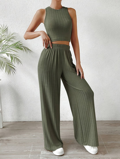 Solid Ribbed Elegant Pants Set, Crew Neck Sleeveless Slim Tank Top & Elastic Waist Wide Leg Pants Outfits, Women's Clothing