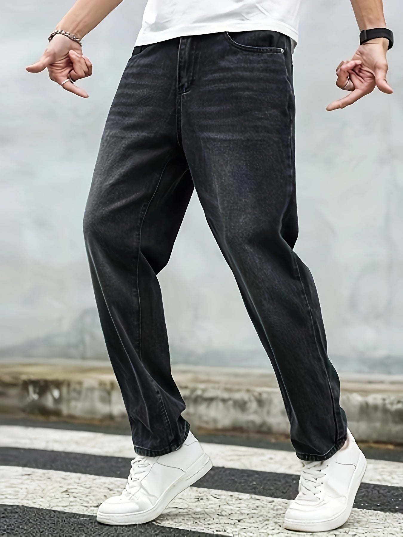 Men's Solid Loose Fit Denim Pants, Spring Fall Casual Trendy Cotton Jeans For Males