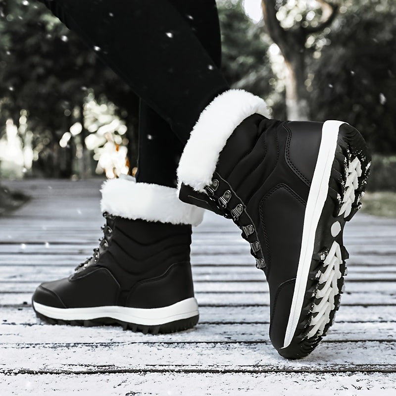 Women's Winter Snow Boots with -Like Collar & Traction Tread - Warm Round Toe Ankle-High Black/White Booties, Rubber Sole for Ice & Snow, Cold Weather Shoes (No Calf Strap) - Chinese New Year Ready Footwear