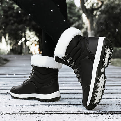 Women's Winter Snow Boots with -Like Collar & Traction Tread - Warm Round Toe Ankle-High Black/White Booties, Rubber Sole for Ice & Snow, Cold Weather Shoes (No Calf Strap) - Chinese New Year Ready Footwear