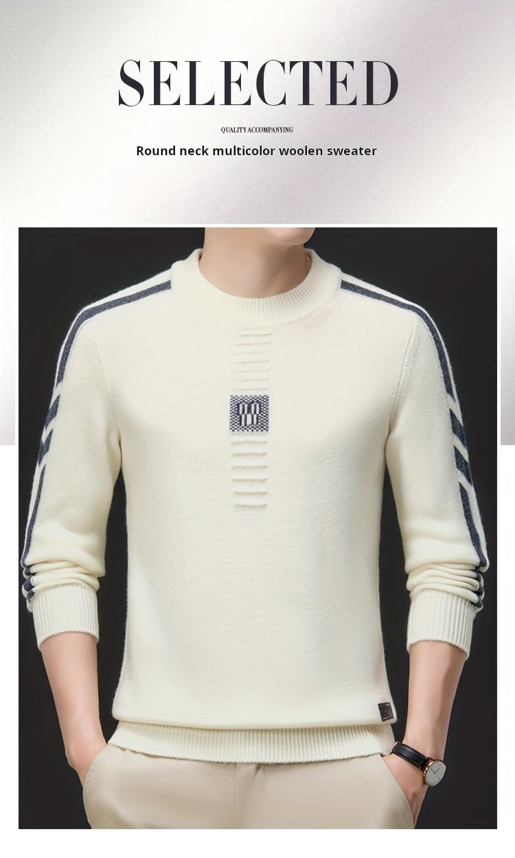 This Thick, Round-Neck Long-Sleeve Sweater for Men Features a Soft And Comfortable Design with Stylish Striped Edges, Perfect for Outdoor Gatherings And Everyday Wear, And Can Be Layered