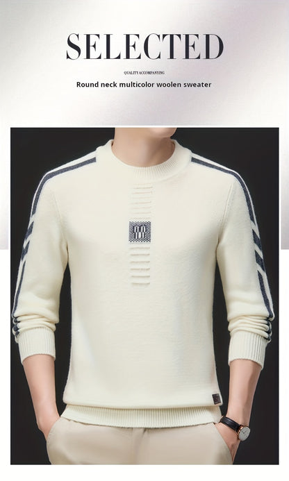 This Thick, Round-Neck Long-Sleeve Sweater for Men Features a Soft And Comfortable Design with Stylish Striped Edges, Perfect for Outdoor Gatherings And Everyday Wear, And Can Be Layered