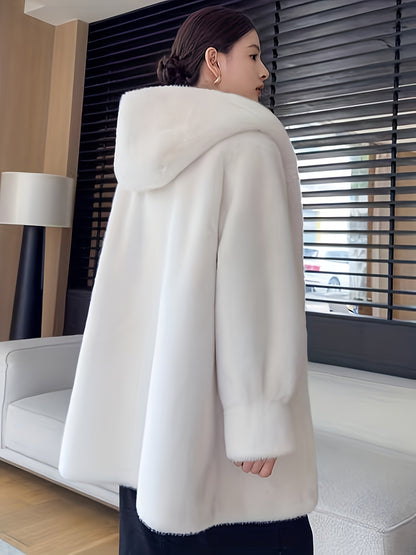 Women's Oversized Faux Fur Coat with Plush Collar & Full-Length Fur Trim - Winter Warm A-Line Mid-Length Jacket, Machine Washable Large Size Winter Coat for Women, Elegant Outerwear for Casual & Formal Events (Solid Black, Br