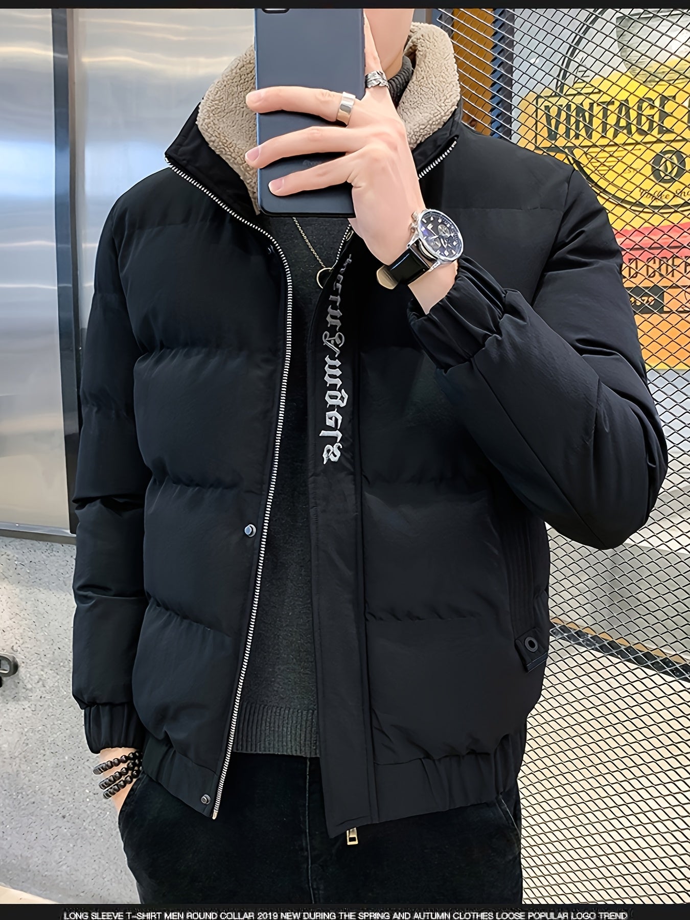 Տղամարդու ձմեռային բաճկոն - հաստ, տաք և նորաձև՝ կայծակաճարմանդով և գրպաններով, սև, ազատ չափսի՝ ցուրտ եղանակի համար, ձմեռային հագուստ