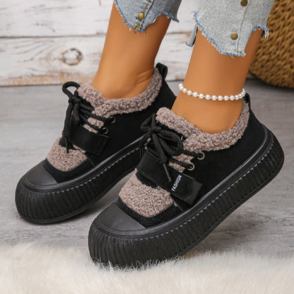 Women's Winter Plush Fleece-Lined Thermal Shoes - Upper & Rubber Sole Low-Top Ankle Boots with Faux Fur Collar, Brown/Beige/ Traction Tread for Cold Weather, Casual & Semi-Formal Outfits - Cozy Warm Winter Boots with Fleece L