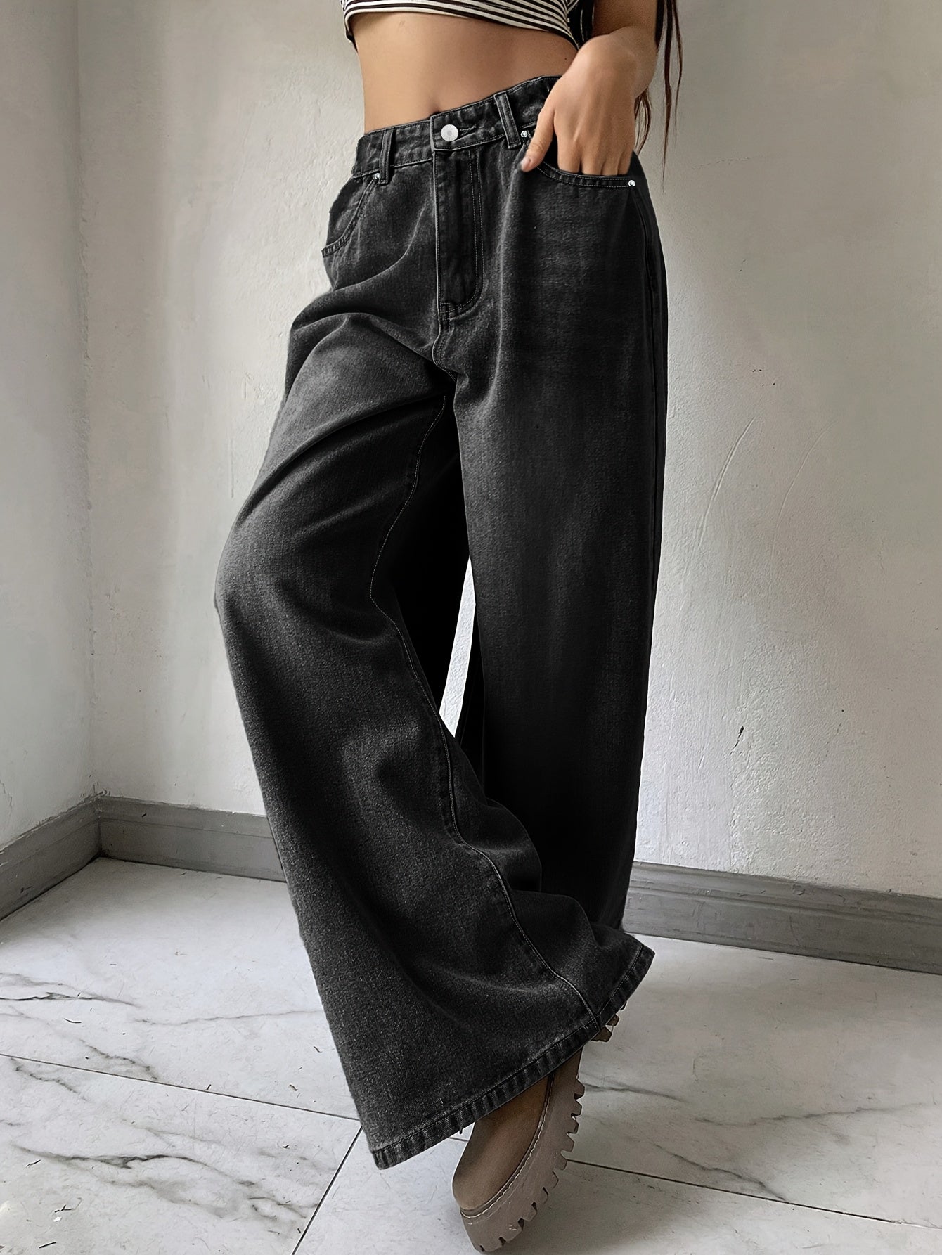 1pc Women's High-Waisted Wide Leg Denim Jeans, Casual Style, Solid Color, Non-Stretch Fabric, Straight-Leg Pants for Spring/Summer/Autumn