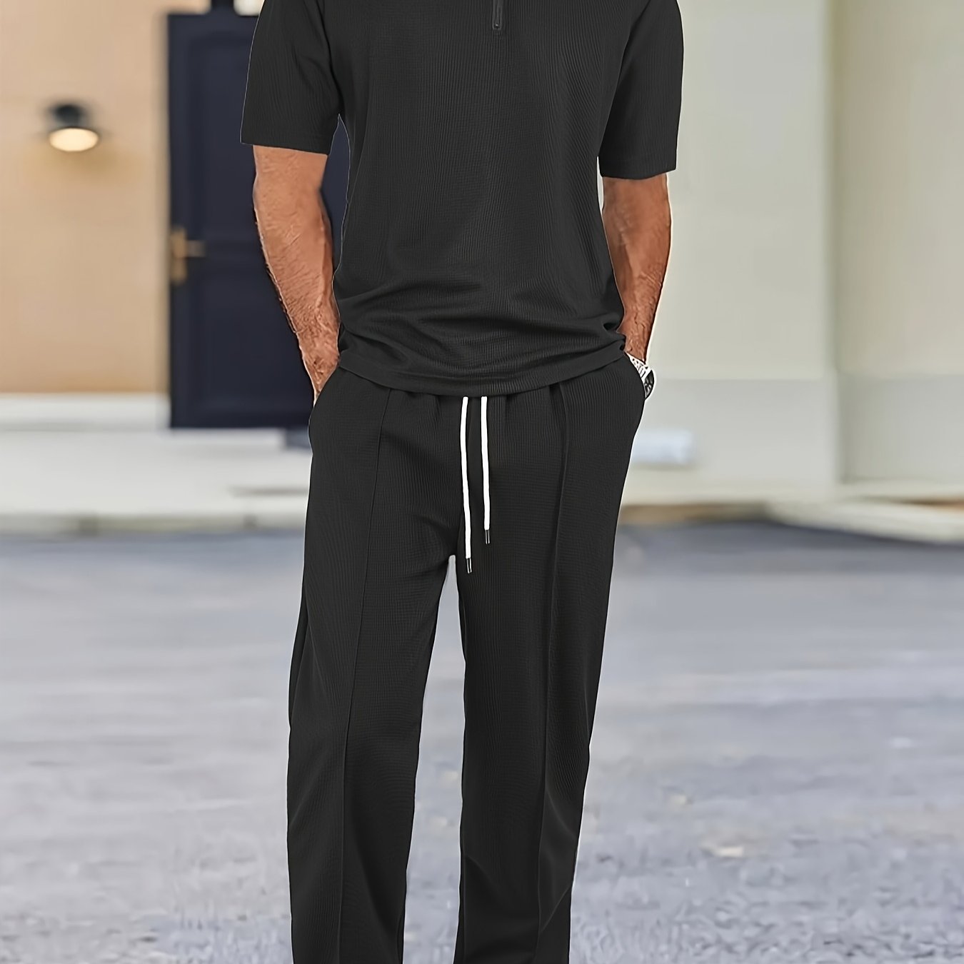 Men's 2pcs Waffle Knit Casual Outfit: Zip-Up Short Sleeve Collared Shirt & Drawstring Pants - Black, Polyester Blend, Ideal for Casual Attire in Spring/Summer
