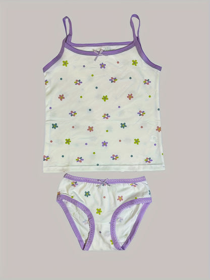 Girls' Cotton Playful Suspender Underwear Set with Bow Detail