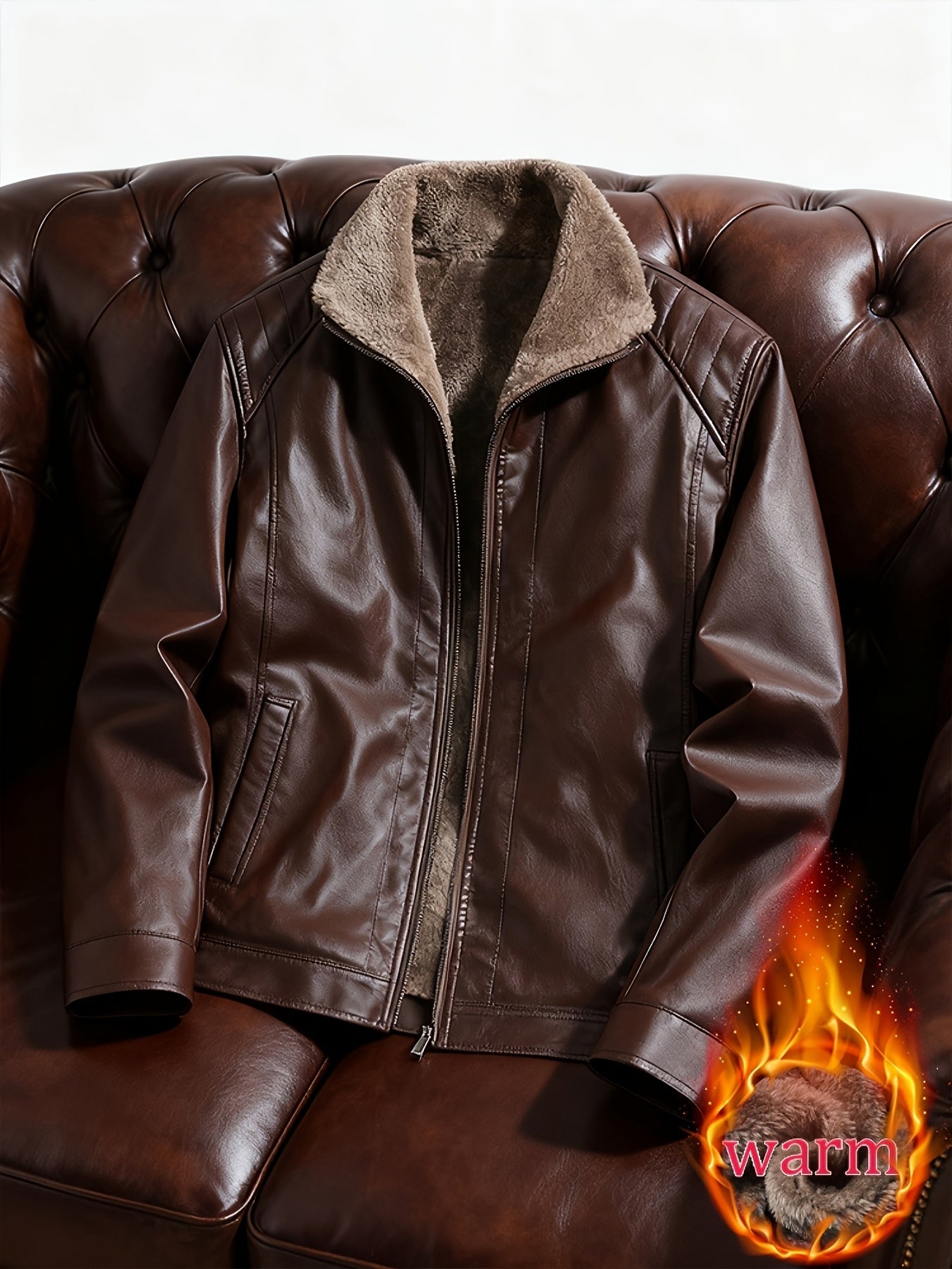 Men's Faux Leather Fleece-Lined Jacket with Stand Collar