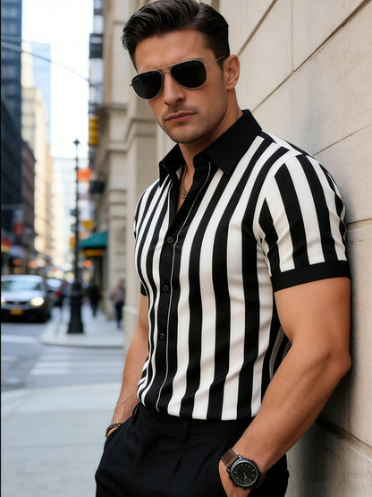 Men's Casual Striped Short-Sleeve Polyester Shirt