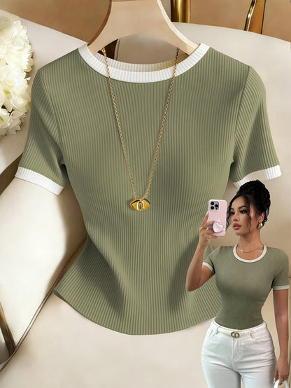 Women's Casual Slim-Fit Short Sleeve T-Shirt with Contrast Collar - ayq