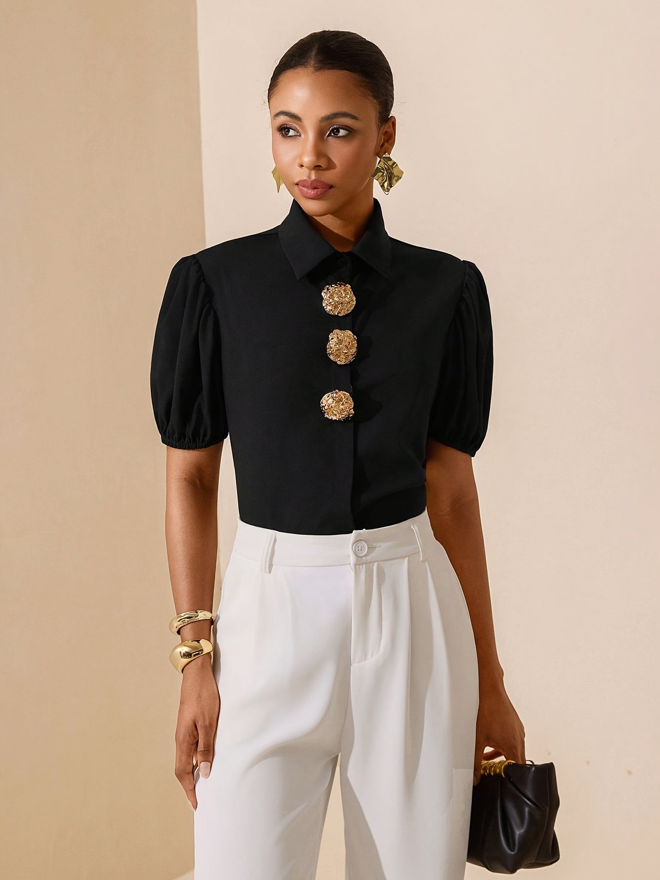 Women's Elegant Solid Color Puff Sleeve Shirt with Metal Buttons