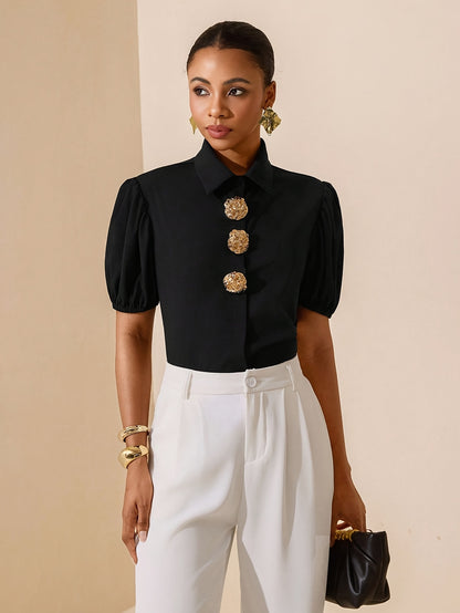 Women's Elegant Solid Color Puff Sleeve Shirt with Metal Buttons