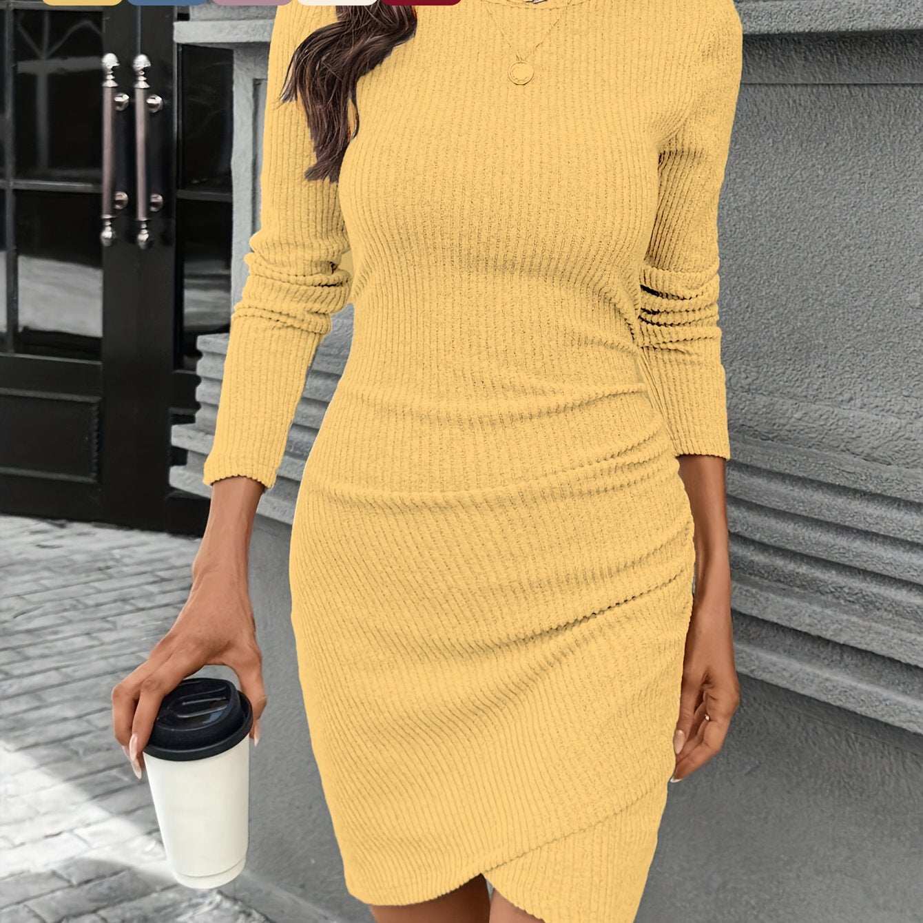 An Elegant Brushed Stretch Ribbed Dress for Women, Featuring an Asymmetrical Design, Perfect for Everyday Wear, Commuting, And Party Outfits.