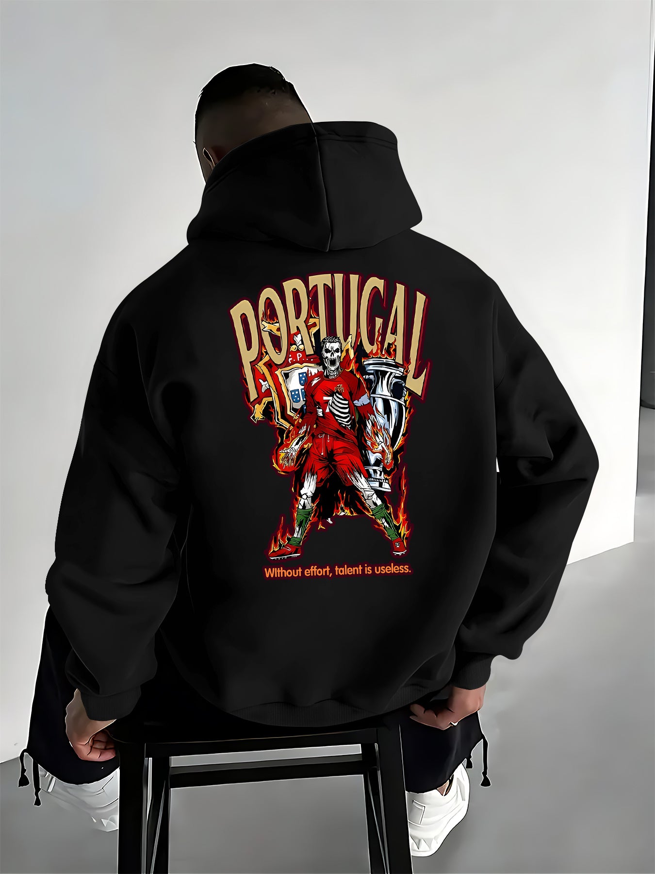 Men's Casual Hooded Pullover with Portugal Football Print