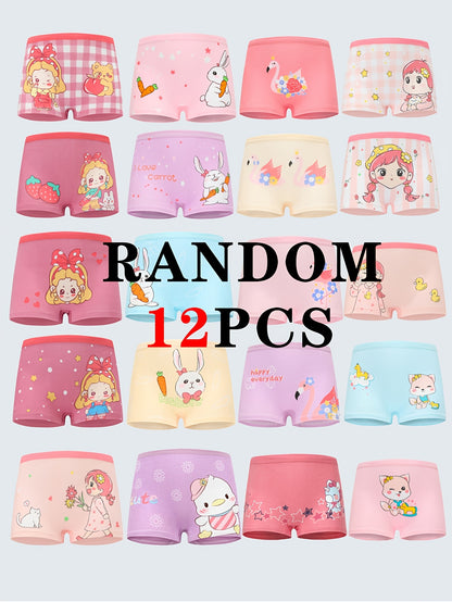 Girls' Cotton Boxer Briefs with Cute Cartoon Prints - 12pcs
