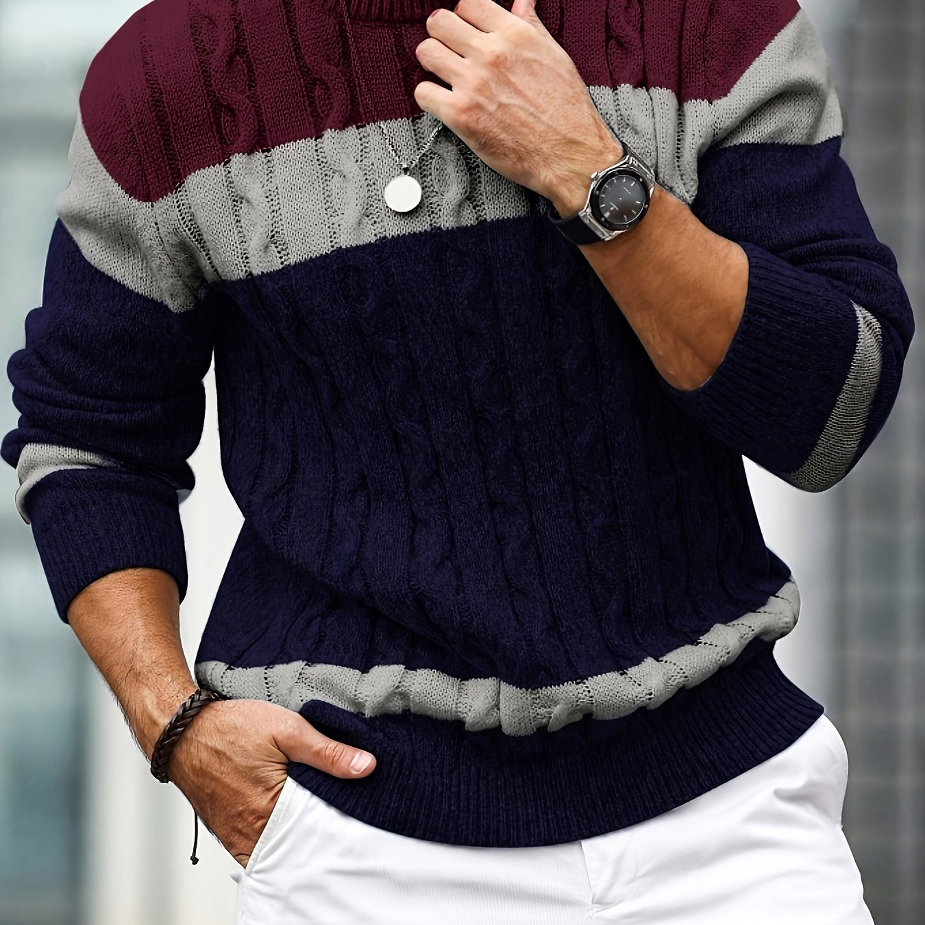 Տղամարդկանց աշուն/ձմեռ առօրյա գունային բլոկներով տրիկոտաժե պուլովեր սվիտեր