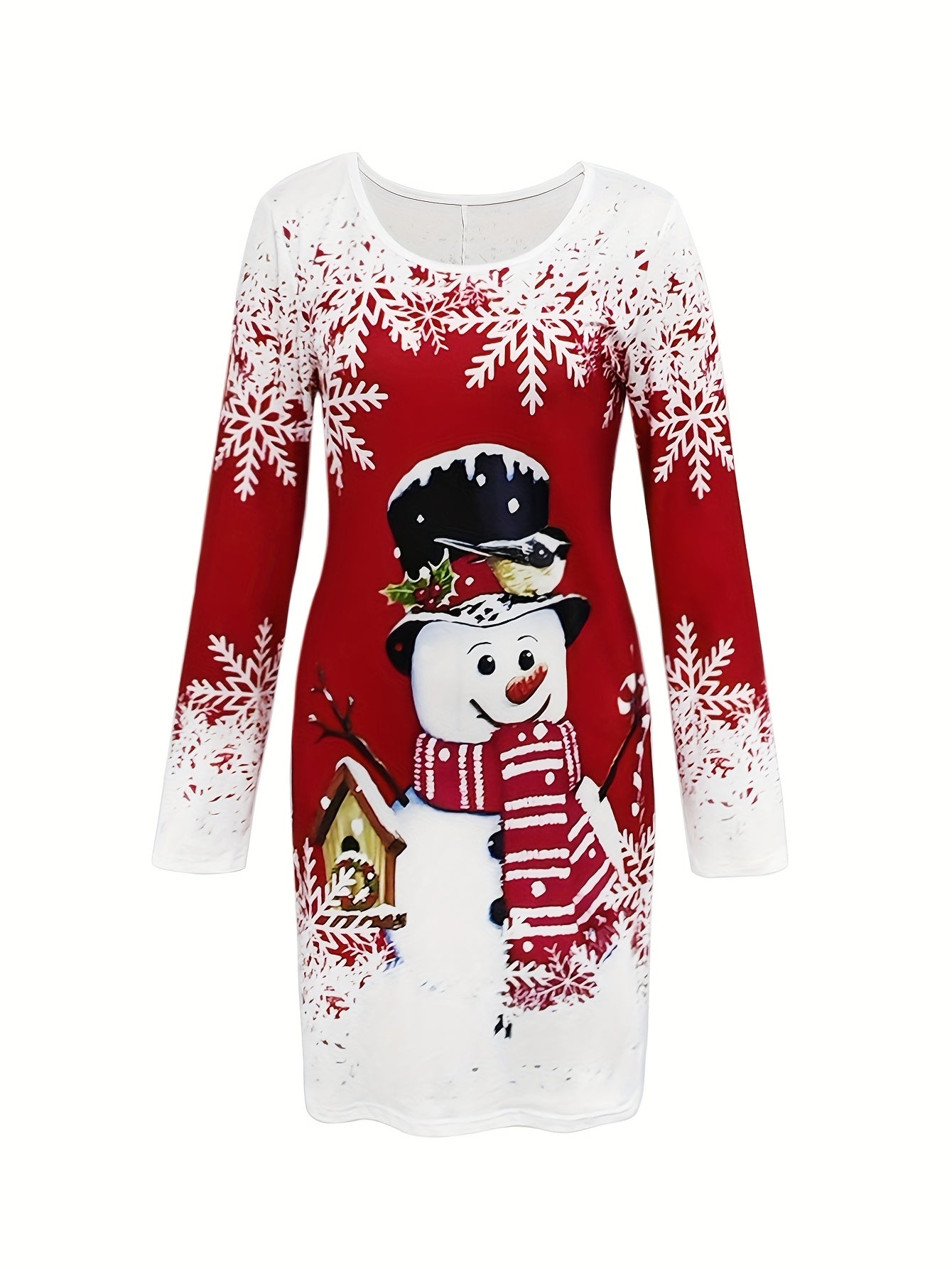 Women's Elegant Short-Sleeve Christmas Snowman Print Dress - Red & White Winter Party Dress with Snowflake Pattern, Round Neck A-Line Silhouette, Machine Washable Holiday Outfit for Xmas, New Year's & Seasonal Events (s)