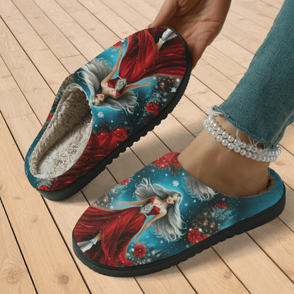Women's Red Slippers with Red Dress Print - Winter Warm Soft Sole Slip-On Moccasins Suitable for Winter Parties, Christmas & New Year's Eve - Comfortable /Outdoor Footwear, European Style Fabric Upper & TPR Sole
