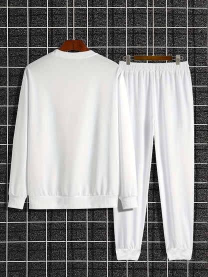 Men's Casual Sports Sweatshirt Set, Loose Fit Pullover Hoodie with Print, Polyester Blend, Round Neck, Stretch Knit, Autumn/Winter Collection