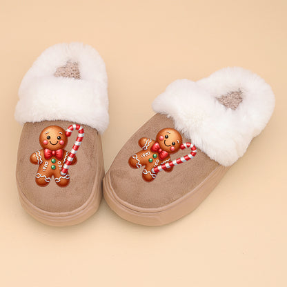 ' Winter Warm Plush Slippers with Gingerbread for Man & Candy Cane Strap - Soft Sole Low-Top Indoor/Outdoor House Shoes for &, Pink//Beige (Unisex Snowflake Booties), for Teenager