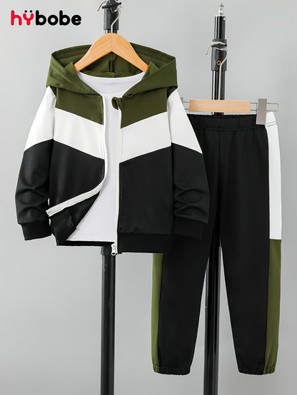 Boys' Autumn American Retro Casual Multi-Color Patchwork Hooded Long Sleeve Jacket & Pants Two-Piece Set