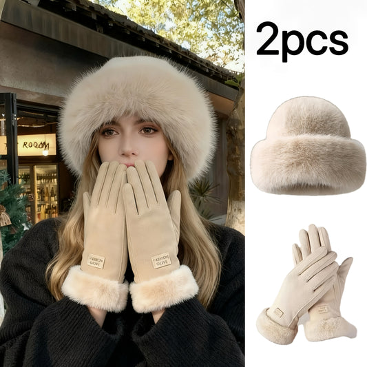 Women's Autumn/Winter Thermal Gloves and Plush Bucket Hat Set