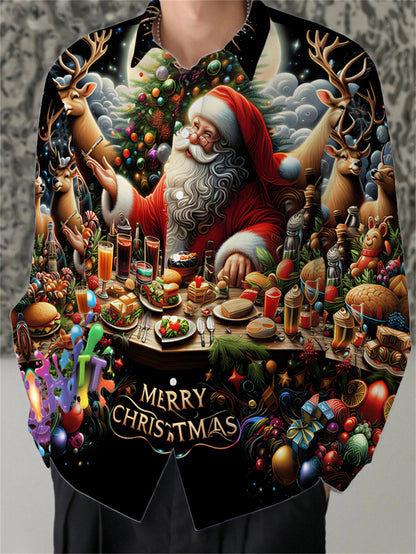 Men's Christmas Santa Claus & Reindeer Print Collar Long Sleeve Shirt - Full-Zipper-Free Button-Front Closure, Non-Stretch Holiday Party Costume or Casual Wear, Machine Washable Festive Attire with All-Over Christmas Motifs (