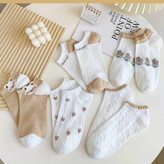 Women's Cute Cartoon Cotton Ankle Socks - 5 Pairs Set, 80% Cotton 20% Elastane, Solid Color & Patterned Designs, Breathable Knit Fabric, Sweat-Absorbent for Spring & Summer