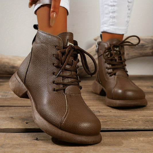 Women'S British Style Ankle Boots - Brown Faux Cover, Slimming Lace-Up Design, Lace-Up with Side Zipper, Comfortable Fabric Lining, Durable TPU Sole, Perfect for Spring, Autumn & Winter