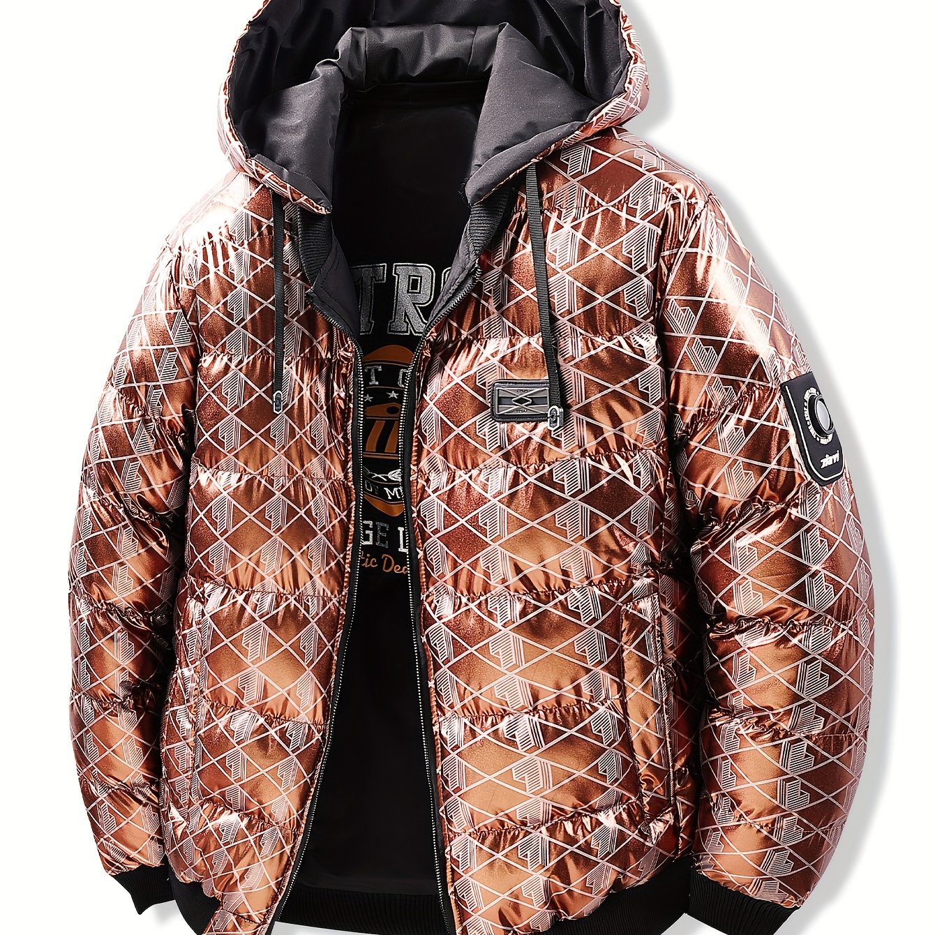 Men'S Stylish Hooded Winter Jacket - Thickened, Warm, and Trendy with Geometric Pattern, Black with Orange Accents, Polyester Filler, Perfect for Cold Weather, Winter Jacket Hooded